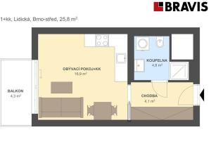 Pronájem bytu 1+kk, Brno - Veveří, Lidická, 34 m2