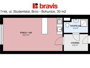 Pronájem bytu 1+kk, Brno - Bohunice, Studentská, 30 m2