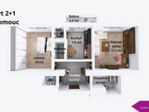 Pronájem bytu 2+1, Olomouc - Hodolany, Masarykova třída, 57 m2