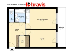 Pronájem bytu 2+kk, Brno, Hrázka, 46 m2