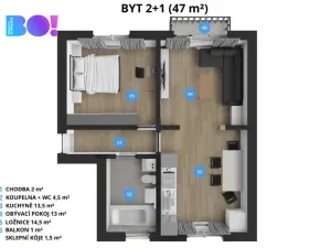 Prodej bytu 2+1, Ostrava, Čujkovova, 47 m2
