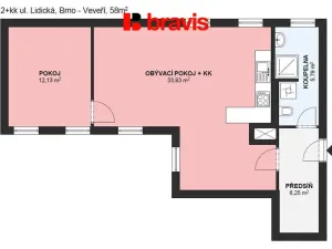 Pronájem bytu 2+kk, Brno - Veveří, Lidická, 58 m2