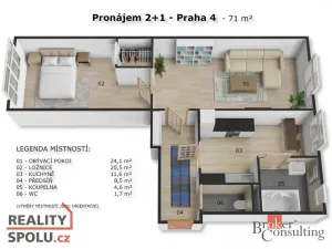 Pronájem bytu 2+1, Praha - Nusle, Rostislavova, 71 m2