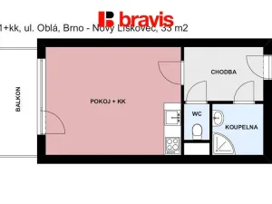 Pronájem bytu 1+kk, Brno, Oblá, 33 m2