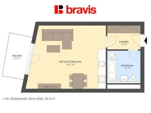 Pronájem bytu 1+kk, Brno - Zábrdovice, Bratislavská, 36 m2
