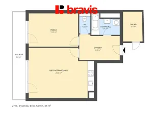 Pronájem bytu 2+kk, Brno - Komín, Bystrcká, 56 m2