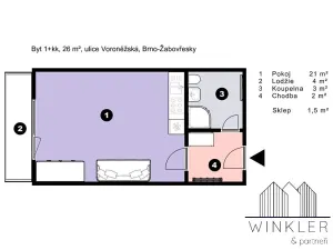 Pronájem bytu 1+kk, Brno, Voroněžská, 26 m2