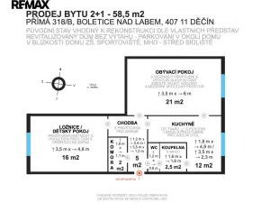 Prodej bytu 2+1, Děčín - Děčín XXXII-Boletice nad Labem, Přímá, 58 m2