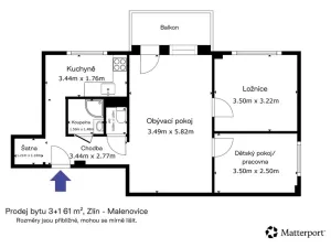 Prodej bytu 3+1, Zlín - Malenovice, třída Svobody, 61 m2