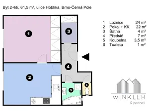 Pronájem bytu 2+kk, Brno, Hoblíkova, 62 m2