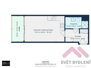 Pronájem bytu 1+kk, Praha - Modřany, Komořanská, 37 m2