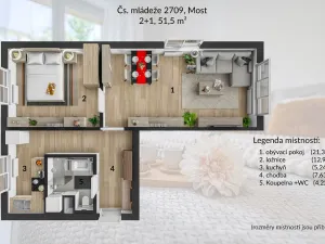 Pronájem bytu 2+1, Most, Čs. mládeže, 51 m2