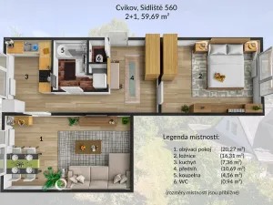 Pronájem bytu 2+1, Cvikov - Cvikov II, Sídliště, 59 m2